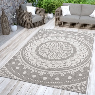 TT Home In-& Outdoorteppich Wetterfest Garten Orientalisches Marokkanisches Boho Design, Farbe: Grau Weiß, Größe:200x280 cm