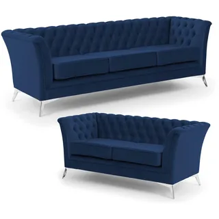 s-style möbel Chesterfield Garnitur Samt 3-Sitzer + 2-Sitzer Blau