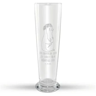 Mr. & Mrs. Panda Bierglas Pinguin Blumen - Transparent - Geschenk, Weizenbierglas, Weizenglas, Premium Glas, Liebevolle Lasergravur