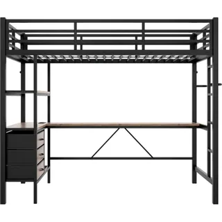 Hochbett 90x200 cm Schwarz Ohne Matratze Gaestebett Mit LED Leuchten Schreibtisch USB 3 Schubladen Gelaender Treppe Einzelbett Jugendbett Kinderbett - Schwarz