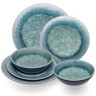 Melamin Geschirr Set Adria Blue für 2 Personen - 6 Teile Blau - Steingutoptik Spülmaschinengeeignet Essgeschirr Campingzubehör Campinggeschirr Wohnwagen Camping Festival Picknick Gartenparty