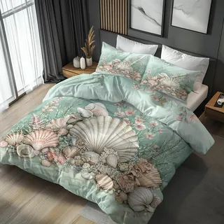 Generisch Bettwäsche Muscheln 135x200, Küsten Meer Strand Thema Motiv Wendebettwäsche & Deko, Weiche Microfaser Bettbezug mit Reißverschluss und 1 Kissenbezug 80x80, 2tlg - ASD8732