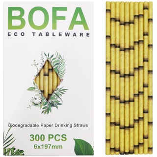 Gelber Bambus Papier Strohhalme, 300 Stück Bamboo Papier Trinkhalme, Gelbe Bambus Design 100% Biologisch Abbaubar Einweg Strohhalme für Cocktail, Saft, Kaffee, Soda, Smoothies