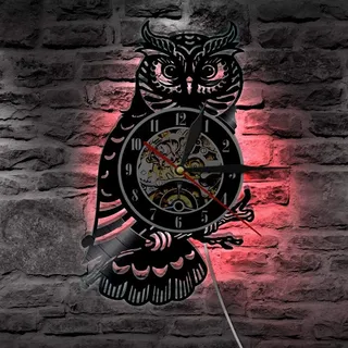 ELD Eule Vintage Vinyl Schallplatte Wanduhr Eule Wanduhr beleuchtet 3D LED-Beleuchtung Wohnzimmer Dekoration Home Zeitmesser Mode Kunst Wanduhren Uhren
