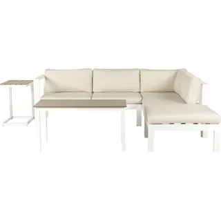 Beliani Lounge Set Weiß Aluminium und Kunstholz mit Auflagen Beige Stoff Skandi Modern 5-Sitzer Ecksofa Ottomane und 2 Couchtische Terrasse Garten
