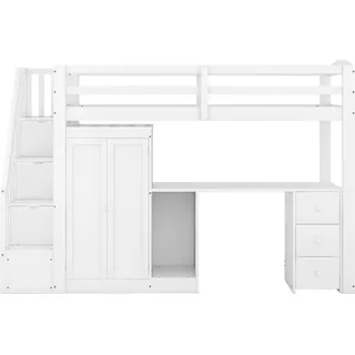 Hochbett mit Kleiderschrank und Treppe, Schreibtisch und Schubladen und Schrank in einem