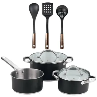 BERGNER - 5-teiliges Edelstahl-Kochgeschirrset (16/18/20cm), geeignet für Induktion, mit einem Set aus 3 Küchenutensilien in Schwarz und Kupfer PBT
