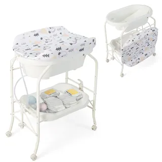 DREAMADE 2 in 1 Wickeltisch & Badewanne mit Gestell, Wickeltisch Klappbar, Wickelkommode auf Rollen mit Bremsen, Badestation Baby ab Geburt bis 15 kg (Weiß)