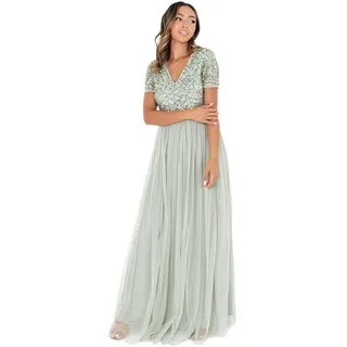 Maya Deluxe Damen Ballkleid Abendkleid V-ausschnitt Maxi Länge Pailletten Kurze Ärmel Für Hochzeit Geburtstag Brautjungfer Bridesmaid Dress, Grün, 38 EU - 38