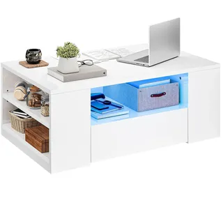 YITAHOME Couchtisch Weiß, Wohnzimmertisch Hochglanz mit 16-Farbiger LED Beleuchtung Modern, Beistelltisch Weiss mit Offenem Ausstellungsregal und 2 Ausziehbaren Schubladen, 95x 55x37cm