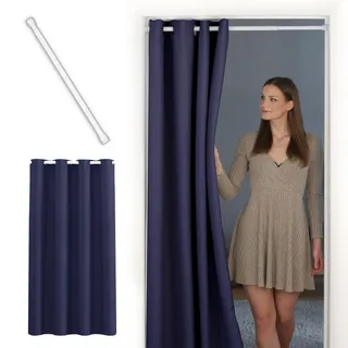 tinycurtains, Türvorhang mit Teleskopstange, einfache Montage in nur 1 Minute ohne Bohren (Türgardine blau H200 x B150 cm + Stange weiß B70-120 cm)