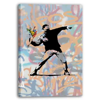 Printistico Leinwandbild Banksy Mann wirft Blumen Activism - Modern Street-Art - Moderner Kunstdruck Klein bis Groß XXL - Geschenk Wohnzimmer, Schlafzimmer
