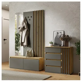 Lomadox Garderoben-Set DAVIS-166, (Spar-Set, 2-St., Kommode Garderoben Kombination), Eiche graphit Lamellen-Design grifflos modern braun