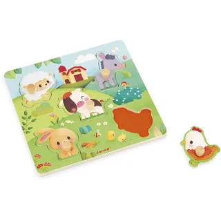 Janod - Holzpuzzle mit Touchfunktion 5 Teile - Thema Bauernhof - Einlegepuzzle mit Texturen - Lernspielzeug - Tastsinn, Feinmotorik und Konzentration - Ab 18 Monate, J07129