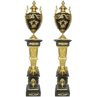 Casa Padrino Barock Deko Porzellan Vasen mit Marmor Säulen Set Schwarz / Gold 30 x 30 x H. 180 cm - Edel & Prunkvoll