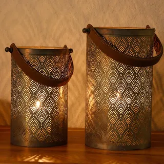 Vintage Laterne Metall Windlicht Industrial mit Henkel Zimmer Deko Wohnzimmer Silber 2er-Set