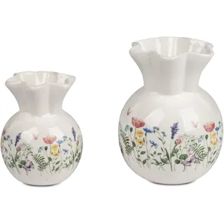 Vasen Set 2-teilig mit Blumenwiese Motiv, Weiß, 11cm und 14cm, Dekoration Blumenvase für Frühling