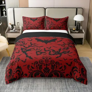 100% Baumwolle Fledermaus Bettbezug 135x200,Damast Blumen Tiere Tröster Bezug,Viktorianische Barock Halloween Thema Bettwäsche Set für Schlafzimmer,Rot Schwarz Vintage Horror Bettbezug