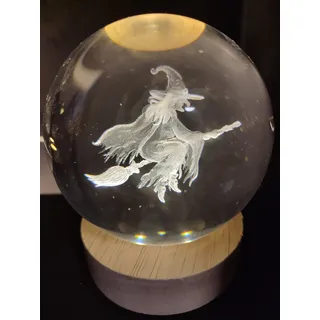Glaskugel mit edlem Holzsockel und elektr. Beleuchtung, ca. 8cm Lampe, Hexe