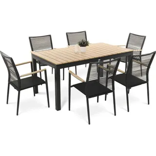 di volio Gartenmöbel MOZZATE, Gartenmöbel-Set - Esstisch & 6 Stühle, aus Kunstholz und Polyrattan, Esstisch mit ausziehbarer Tischplatte - Beige/Schwarz