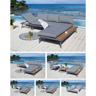 ALEOS. Gartenlounge Lounge aus Aluminium mit Massiv Holz Teak Multifunktionslounge Loungeece Set Loungegarnitur Sitzgruppe Doppelliege Sofagarnitur...