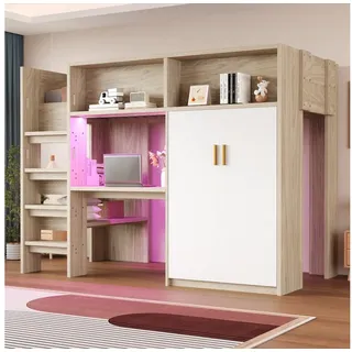 Odikalo Hochbett 90x200 Kinderbett mit Schreibtisch Kleiderschrank und LED (Multifunktionales Hochbett 90 × 200 cm, Mit Schreibtisch, Kleiderschrank, Regal, Staufächern und LED-Beleuchtung, Mit Lattenrost, ohne Matratze)
