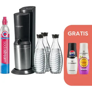 Sodastream Crystal 3.0 schwarz + 3 Glaskaraffen + Zylinder + 2 Sirups