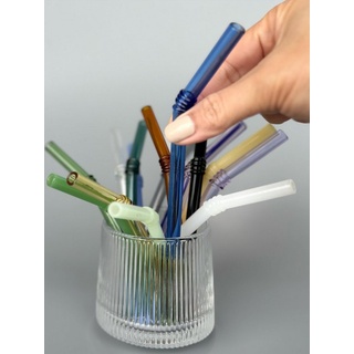 Susable Trinkhalme Bunte wiederverwendbare Glasstrohhalme mit Bürste, 4er-Set, (4x Strohhalme, 1xReinigungsbürste), Länge: 14 cm; Durchmesser: 0,5 mm; blau|gelb
