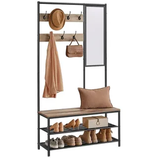 VASAGLE Garderobenständer Garderobe, mit 7 Haken, Spiegel, Sitzbank, 35 x 98 x 180 cm braun