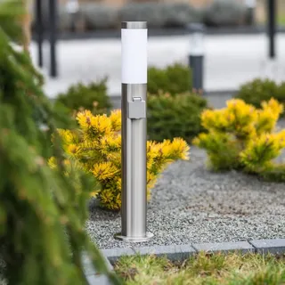LUMILED Standleuchte Außen 65cm Pollerleuchte mit Steckdose IP44 Edelstahl E27 Gartenleuchte Silber Stehleuchte Wegeleuchte Außenleuchte - Silber