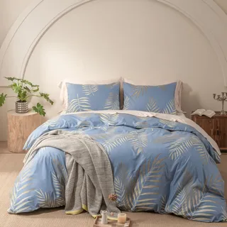 Gezu Bettwäsche 135x200cm Gold Blau Hellblau Dschungel Palmen Blätter Muster Aesthetic Vintage Weich Atmungsaktiv Wende Bettwäsche Set Bettbezug 135x200cm und 2 Kissenbezug 80x80cm mit Reißverschluss