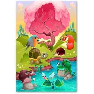 Postereck - 1569 - Wald, Kinderzimmer Fluss Tiere Plakat Comic Bunt - Kinder Kinderzimmer Kinderbild Wandposter Fotoposter Bilder Wandbild Wandbilder - Leinwand - 100,0 cm x 75,0 cm