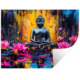 MuchoWow Wandsticker Buddha - Blumen - Kerzen - Gelb (1 St), Wandtattoo, Selbstklebend, Wohnzimmer, 80x60 cm 80 cm x 60 cm x 0.1 cm