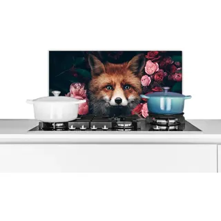 MuchoWow Küchenrückwand Fuchs - Blumen - Tiere, (1-tlg), Rückwand Küche, Wandschutz, Deko, 70x30 cm bunt 70 cm x 30 cm