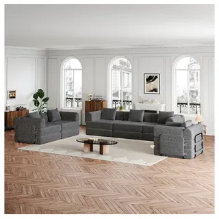 MODFU Schlafsofa Chenille-Schlafsessel 2-in-1, mit Staufach in der Armlehne, Metallrahmen und mehreren Konfigurationsmöglichkeiten 6 Teile, mit Relaxfunktion grau