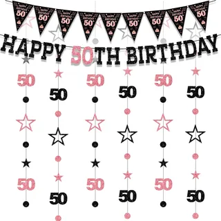 Deko 50. Geburtstag Roségold Schwarz - 8 Stück 50 Geburtstag Frau Deko mit Happy 50th Birthday Banner, Dreiecksgirlande und Stern Girlande für 50 Geburtstags Frauen
