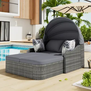 Doppelliege Aus Metall Und Rattan Mit Klappbarem Sonnenschutz, Verstellbaren Rückenlehnen Und Dicken Festen Kissen, Grau