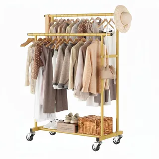 Calmootey Kleiderständer mit Doppelstange, rollbarer Kleiderständer, tragbarer Kleider-Organizer für Schlafzimmer, Wohnzimmer, Bekleidungsgeschäft, Gold