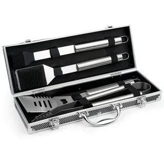 Aluminium Grillkoffer 4-tlg. & BBQ Grill-Besteck aus Edelstahl bestückter Koffer