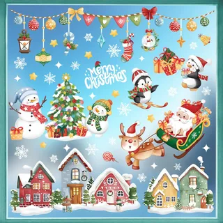 wondever Fensterbilder Weihnachten Häuser Weihnachtsbaum Weihnachtsdeko | Wiederverwendbar, Doppelseitig Statisch PVC Fensterdeko, Fensterfolie weihnachten selbstklebend für Winter Innen Dekoration