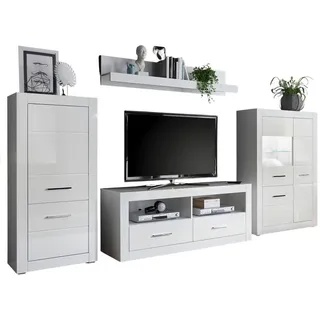 furn.design Wohnwand, Weiß Hochglanz, Kunststoff, Nachbildung, Uni, 4 Fächer, 2 Schubladen, 335x170x45 cm, Wohnzimmer, Wohnwände, Anbauwände
