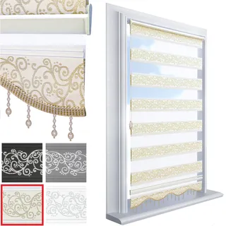 Brillant Doppelrollo Klemmfix ohne Bohren Gold Beige 200 x 90 cm (Länge x Breite) Duorollo Blickdicht mit Perlen, glitzert, Raffrollo Fenster Tür Zebra Perde Klemmrollo Seitenzugrollo