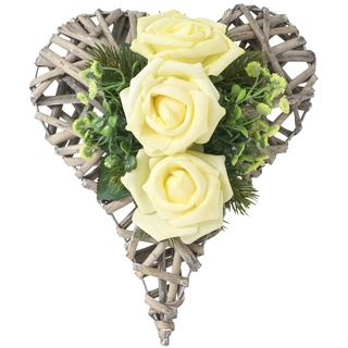 Gestecke Rattanherz Tischdeko Herz Grabgesteck Kunstblumen künstlich 124 Rose, PassionMade, Höhe 30 cm, Herz Deko mit Kunstblumen gelb