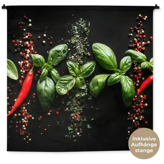 MuchoWow Wandteppich Chili - Basilikum - Blätter - Rot, Quadratisch, Höhe: 3 mm, Wandtuch, Wanddekoobjekt, 120x120 cm Quadratisch | 120 cm x 120 cm x 3 mm