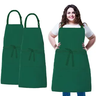 XIEJINJIA 2 Stück Übergröße Verstellbare Canvas Kochschürze lange Krawatten mit 2 Taschen Extra Breit Chef Schürze Küche Kochen Backen für Frauen Männer Grün