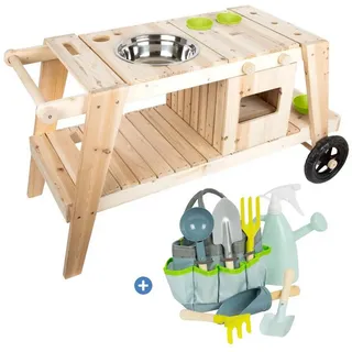 Small Foot Outdoor-Spielküche Natur, Fahrbare Holz Matschküche Outdoor Spielküche mit Rädern und Gartenset