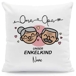 GRAVURZEILE Kissen mit Spruch - Oma & Opa Enkelkind - Personalisiert mit Name - Geschenk für Oma & Opa zum Geburtstag Weihnachten - Größe mit Füllung, Farbe Enkelkind