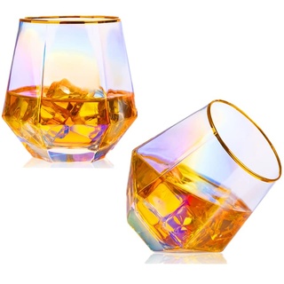 Weinglas ohne Stiel, Diamant-Regenbogen-Weinglas-Set mit 57-284 ml, schillerndem Glas, mit Goldrand, ideal für Rotwein, Spirituosen, Cocktails, Whisky, Bourbon oder Trinkgläser, als Geschenk (2 Stück)