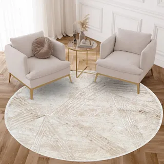 TAPISO Crystal Rund Teppich Wohnzimmer Kurzflor Creme Braun Modern Linien Design Verwischt Muster Glänzend 3D Effekt Schlafzimmer Flur ÖKO-TEX 160 x 160 cm