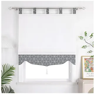 Joyswahl Raffrollo geometrische Ästhetik, mit Schlaufen, Gardinenstange, freihängend, graues Rautenkaro mit Quasten, Ohne Bohren, Küche grau 80 cm x 140 cm